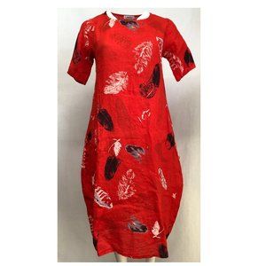 TRANSPARENTE FEATHER PRINT LINEN DRESS RED